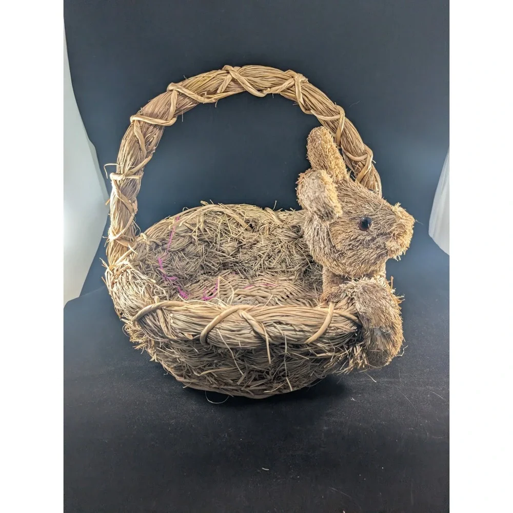 Natural Woven Straw Easter Basket‎ with Sisal Bunny Rabbit Rustic Holiday Decor